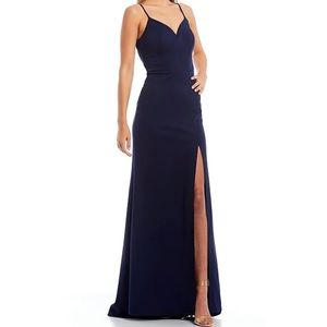 B Darlin V-Neck Ladder Strap Back High Side Slit Sheath Long Dress
